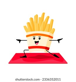 Cartoon fast food french fries character on yoga fitness sport. Takeaway menu snack cute personage, street cafe meal or fast food restaurant fries isolated vector childish mascot doing exercise on mat