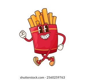 Cartoon fast food french fries groovy character. Takeaway restaurant snack, street cafe french fries or junk menu meal hippie isolated vector character. Fast food snack happy groovy personage