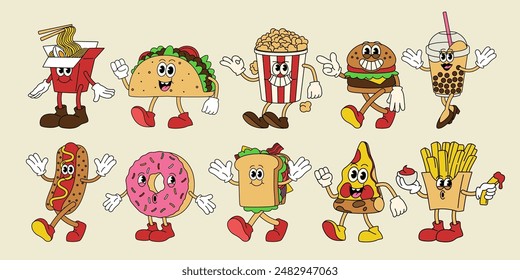 Cartoon Fast Food. Groovy glückliche Charaktere. Pommes frites. Hamburger und Sandwich. Funky Maskottchen. Retro Aufkleber. Groovy Burger. Doodle Vintage-Stil. Lächle Gesichter. Pizza und Taco. Vektorgrafik Emoji-Logo-Set