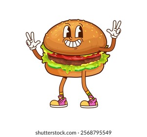 Cartoon fast food hamburger groovy character. Junk restaurant meal, street cafe hamburger or fast food menu snack happy groovy isolated vector personage. Takeaway restaurant meal funny mascot