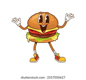 Cartoon fast food hamburger happy groovy character. Street restaurant meal personage, junk cafe snack or fast food menu hamburger sandwich cute retro groovy isolated vector mascot or character