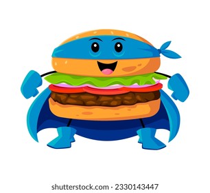 Cartoon fast food hamburger superhero character. Burger defender cute personage, street cafe meal defender or hamburger hero cheerful isolated comical vector mascot in blue mask and cape