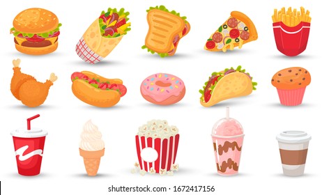 Cartoon fast food. Hamburger, tasty sandwich and hot dog. Soda drink, milkshake and coffee. Street food vector illustration set. Fast food snack, burger amd sandwich, pizza and beverage soda