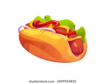 Perro caliente de comida rápida de dibujos animados cubierto con mostaza, ketchup, aros de cebolla y lechuga fresca enclavado en un bollo suave. Delicioso bocado de Vector aislado con jugosas salchichas y ingredientes frescos