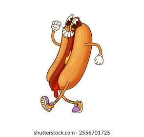 Cartoon fast food hotdog happy groovy character. Street cafe meal, junk menu snack or takeaway hotdog happy cartoon isolated vector character. Fast food cafe meal cheerful groovy funny personage