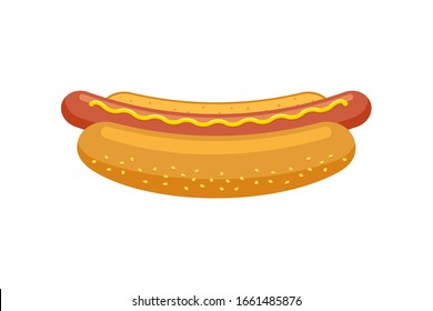 Cartoon fast food hotdog. Hot dog sausage in bread bun with mustard isolated flat vector illustration