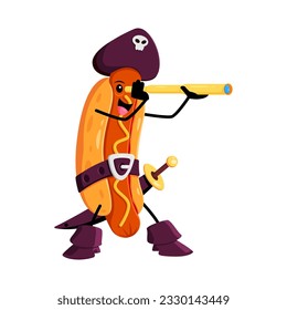 Cartoon fast food hotdog pirate and corsair character. Street food meal corsair cute mascot, takeaway cafe or restaurant hotdog filibuster isolated vector funny personage with spy glass, tricorn hat