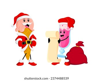 Cartoon fast food ice cream and cocktail characters with gifts and wish list. Isolated vector delightful treat personages spreading joyful smiles. Cheerful father Noel and saint Nicholas for kids menu