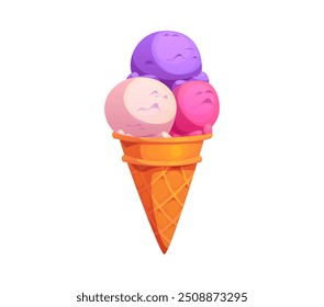 Cartoon fast food ice cream c with three colorful scoops in pink, purple and white. Isolated vector waffle cup holds frozen creamy balls. Delicious cold treat for hot summer days and sweet cravings