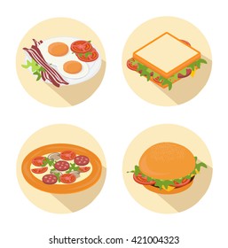 Cartoon fast food icon set with long shadow  on white background.  Vector illustration