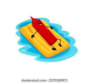 Cartoon fast food ketchup bottle character swimming on inflatable mattress. Fast food cafe tomato sauce childish mascot, street restaurant menu ketchup cheerful vector personage on summer vacation