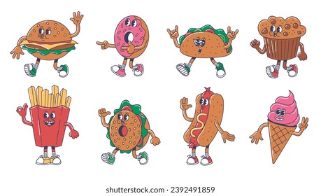 Cartoon fast food mascot. Cheerful burger, mexican taco, sweet donut and muffin. Fries, street hot dog and ice cream. Foodie characters vector set of cartoon character burger hamburger illustration