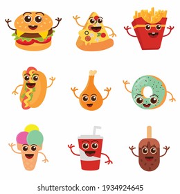 Cartoon Fast Food Mascots. Street Food Character, French Fries And Pizza Mascot Vector Illustration Set. Character Mascot Fast Food, Sausage And Beverage