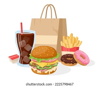 Caricatura con el concepto de comida rápida, hamburguesa de queso, papas fritas y gaseosa. Menú de comida chatarra, hamburguesa con carne y queso a la parrilla y papas fritas ilustración vectorial plana. Escenario de comida para llevar