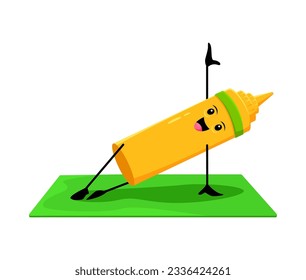 Cartoon fast food mustard character on yoga fitness sport. Fast food menu spicy sauce funny mascot, street restaurant or takeaway cafe mustard bottle isolated vector childish personage doing sports