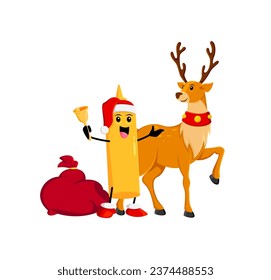 Cartoon fast food mustard and Christmas deer characters. Isolated vector reindeer and condiment bottle team up for heartwarming holiday adventures, spreading joy and merriment in a whimsical world