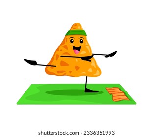 Cartoon fast food nacho chip character on yoga fitness sport. Takeaway restaurant menu meal cheerful character, fast food cafe nacho or street restaurant snack isolated vector childish mascot on sport