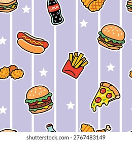 Cartoon Fast Food Pattern with Pizza, Burger, French Fries and Soft Drinks