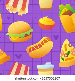 Cartoon fast food pattern. Seamless vector print with textured street food.
