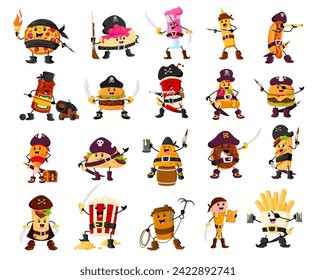 Cartoon fast food pirate and corsair characters. Vector cola, hot dog, ice cream, taco, coffee and pizza. French fries, donut, burger, nachos and pop corn. ketchup or mustard, cheesecake, and burrito