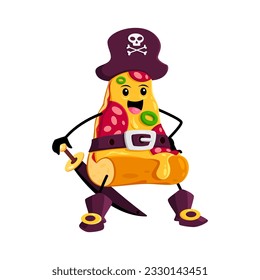 Cartoon fast food pizza piece pirate and corsair character. Street cafe or pizzeria meal filibuster childish mascot, takeaway restaurant pizza corsair isolated vector comical personage in tricorne hat