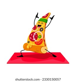 Cartoon fast food pizza piece character on yoga fitness sport. Takeaway restaurant dish cute personage, fast food cafe menu meal or pizza with salami comical vector mascot stretching on yoga mat