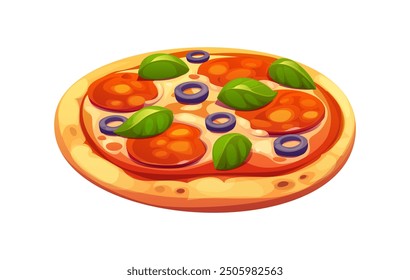 Cartoon fast food pizza topped with pepperoni, black olives, and fresh basil leaves on a golden crust. Isolated vector whole, round, delightful Italian pizza with melted cheese and rich tomato sauce