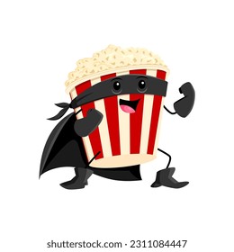 Cartoon fast food popcorn superhero character. Cinema salty snack hero childish mascot, fast food dessert defender or takeaway popcorn superhero funny isolated vector personage in mask and cape