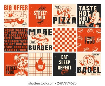 Cartoon fast food poster. Groovy 70s food characters. Retro stickers and cards with funky burger, hot dog, pizza for cafe menu and restaurant. Vector slogan, quote set. Street food delivery posters