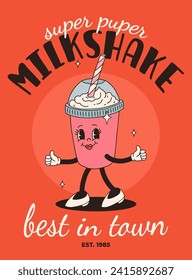 Cartoon fast food poster. Retro groovy cards with mascot food characters. Brochure design with quote text for cafe. Banner with funky groovy burger, french fries, soda, ice cream. Fast food delivery