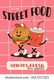 Cartoon fast food poster. Retro groovy cards with mascot food characters. Brochure design with quote text for cafe. Banner with funky groovy burger, french fries, soda, ice cream. Fast food delivery