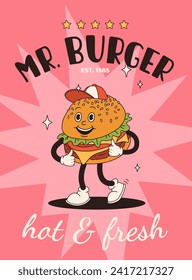 Cartoon fast food poster. Retro groovy cards with mascot food characters. Brochure design with quote text for cafe. Banner with funky groovy burger, french fries, soda, ice cream. Fast food delivery