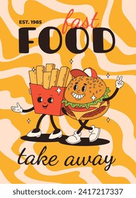 Cartoon fast food poster. Retro groovy cards with mascot food characters. Brochure design with quote text for cafe. Banner with funky groovy burger, french fries, soda, ice cream. Fast food delivery