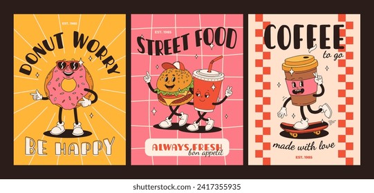 Cartoon fast food poster. Retro groovy cards with mascot food characters. Brochure design with quote text for cafe. Banner with funky groovy burger, french fries, soda, ice cream. Fast food delivery