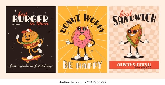 Cartoon fast food poster. Retro groovy cards with mascot food characters. Brochure design with quote text for cafe. Banner with funky groovy burger, french fries, soda, ice cream. Fast food delivery