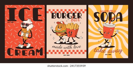 Cartoon fast food poster. Retro groovy cards with mascot food characters. Brochure design with quote text for cafe. Banner with funky groovy burger, french fries, soda, ice cream. Fast food delivery