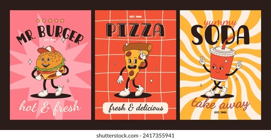 Cartoon fast food poster. Retro groovy cards with mascot food characters. Brochure design with quote text for cafe. Banner with funky groovy burger, french fries, soda, ice cream. Fast food delivery