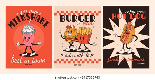 Cartoon fast food poster. Retro groovy cards with mascot food characters. Brochure design with quote text for cafe. Banner with funky groovy burger, french fries, soda, ice cream. Fast food delivery