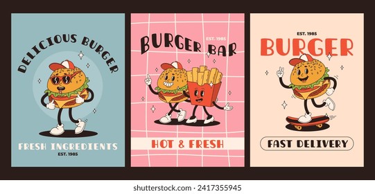 Cartoon fast food poster. Retro groovy cards with mascot food characters. Brochure design with quote text for cafe. Banner with funky groovy burger with french fries. Fast food delivery flyer.