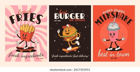 Cartoon fast food poster. Retro groovy cards with mascot food characters. Brochure design with quote text for cafe. Banner with funky groovy burger, french fries, soda, ice cream. Fast food delivery