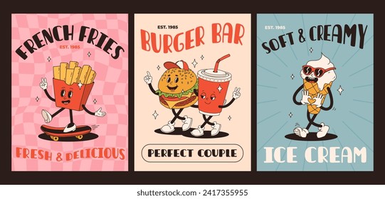 Cartoon fast food poster. Retro groovy cards with mascot food characters. Brochure design with quote text for cafe. Banner with funky groovy burger, french fries, soda, ice cream. Fast food delivery