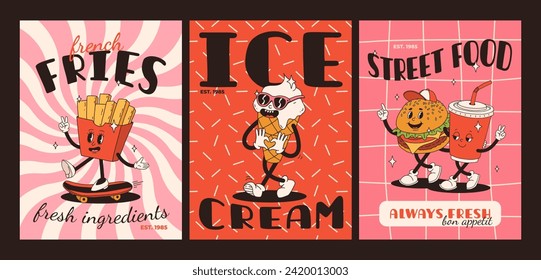 Cartoon fast food poster. Retro groovy cards with mascot food characters. Brochure design with quote text for cafe. Banner with funky groovy burger, french fries, soda, ice cream. Fast food delivery