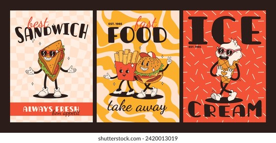 Cartoon fast food poster. Retro groovy cards with mascot food characters. Brochure design with quote text for cafe. Banner with funky groovy burger, french fries, soda, ice cream. Fast food delivery