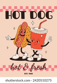 Cartoon fast food poster. Retro groovy cards with mascot food characters. Brochure design with quote text for cafe. Banner with funky groovy burger, french fries, soda, ice cream. Fast food delivery