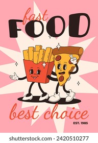 Cartoon fast food poster. Retro groovy cards with mascot food characters. Brochure design with quote text for cafe. Banner with funky groovy burger, french fries, soda, ice cream. Fast food delivery