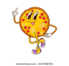 Caricatura de comida rápida salami pizza groovy carácter. Merienda de menú chatarra, comida rápida, comida de cafetería o pizza de restaurante callejero lindo groovy mascota de Vector aislado. Menú para llevar snack divertido personaje de dibujos animados