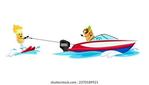 Cartoon fast food sandwich and cocktail characters water skiing. Fast food meal and drink comical personages, street cafe menu burrito and smoothie cheerful vector characters on summer vacation