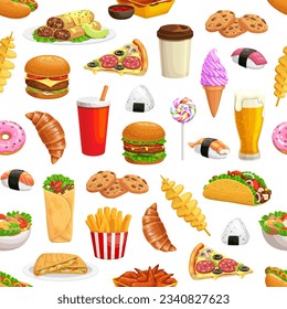 Cartoon fast food seamless pattern. Burgers and pizza, fastfood snacks and soda drinks vector background. Mexican taco, burrito and beer, hot dog, donut, fries and coffee, sushi and chicken wings