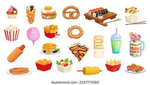 Cartoon fast food snacks, desserts, sandwiches, drinks and pastry, vector icons. Hot dog, pancake crepe and sushi, milkshake and popcorn with bubble waffles, chicken and corn grill for fast food menu