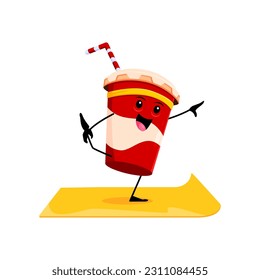 Cartoon fast food soda character on yoga fitness sport. Fast food restaurant sweet drink cute personage, takeaway cafe carbonated beverage or soda cup isolated vector comical mascot doing fitness